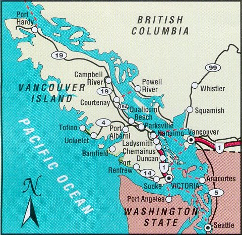Map of Vancouver Island in British Columbia, Canada